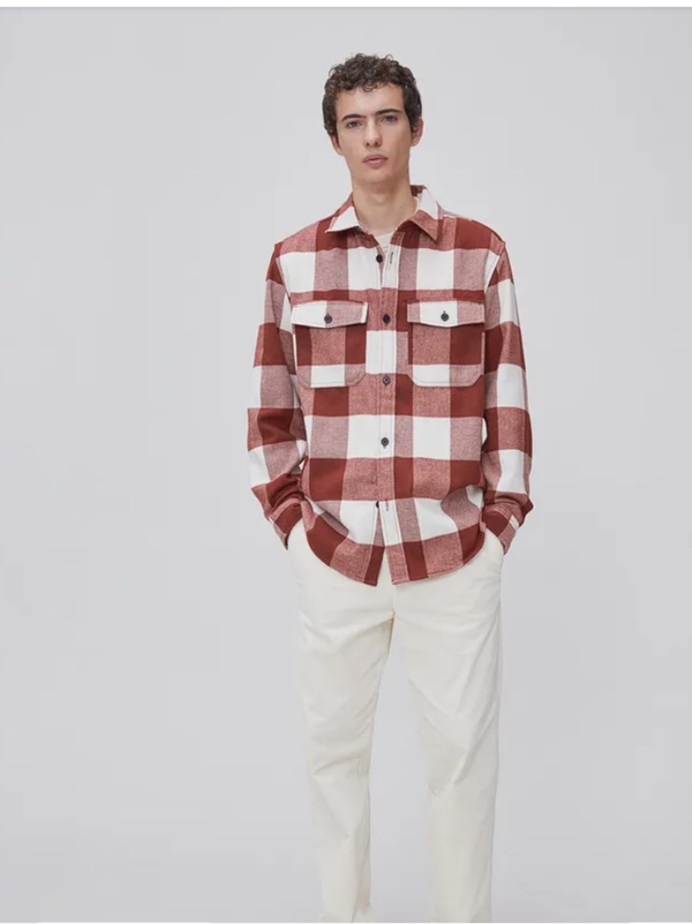 H&M Men's Deep Maroon Brown and Cream Plaid Button-Down Long Sleeve Shirt